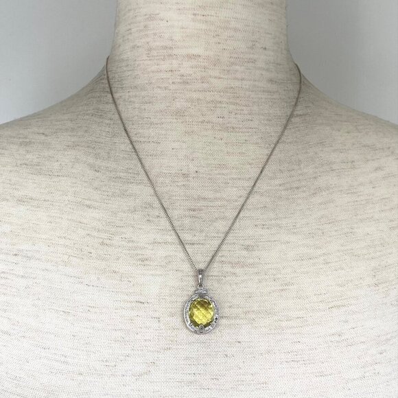 Sterling Silver 925 Oval Domed Faceted Yellow Citrine & Diamond Pendant Necklace - Picture 2 of 16